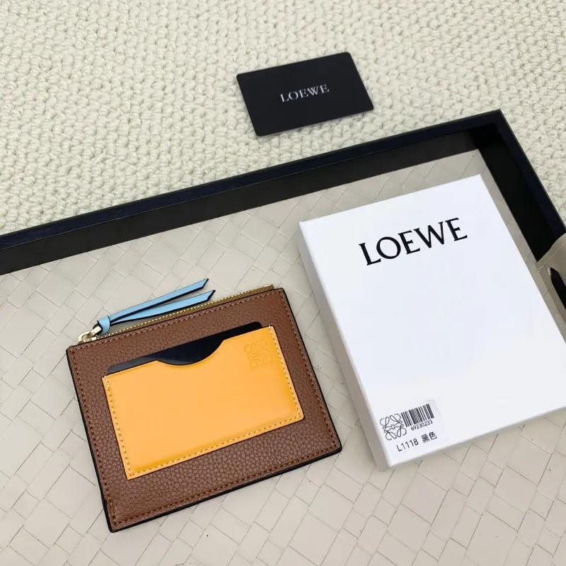 LOEWE L1118 Brown Yellow Leather Zip Card Wallet