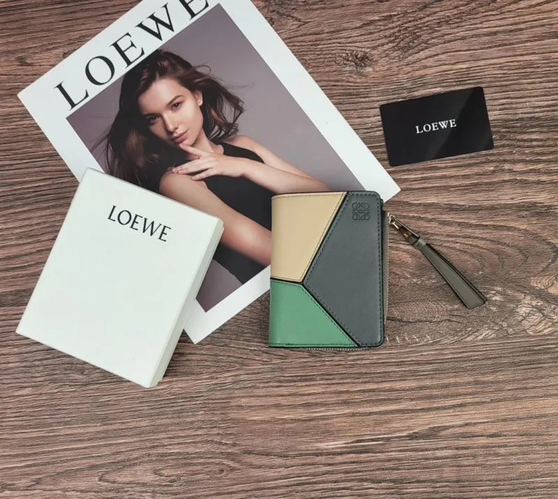 LOEWE Beige Green Gray Colorblock Leather Zip Wallet