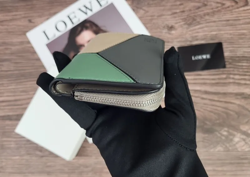 LOEWE Beige Green Gray Colorblock Leather Zip Wallet - Image 4