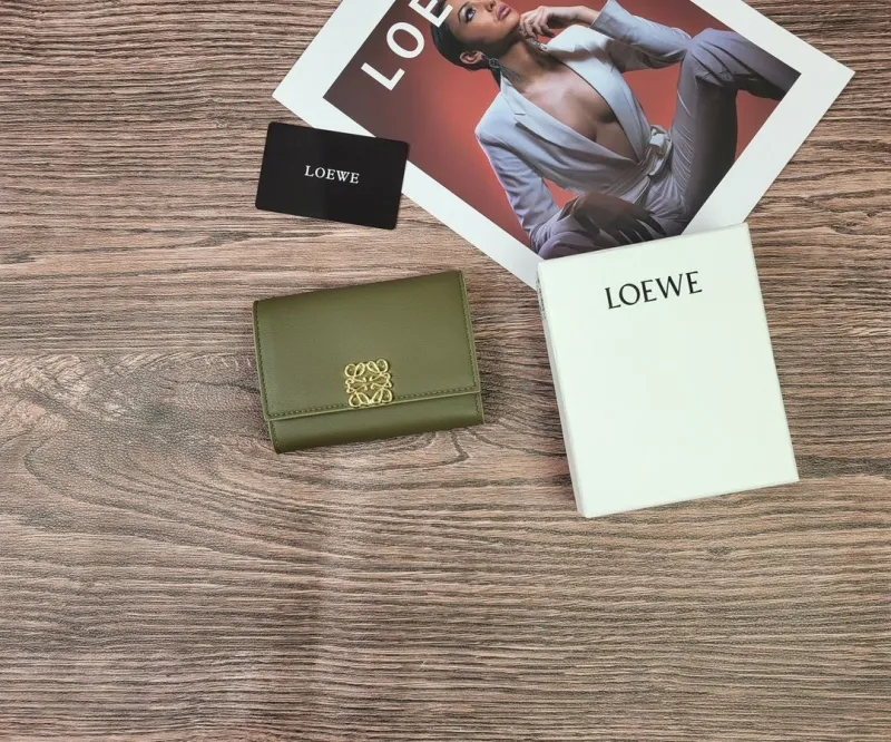 LOEWE Olive Green Leather Trifold Wallet 334