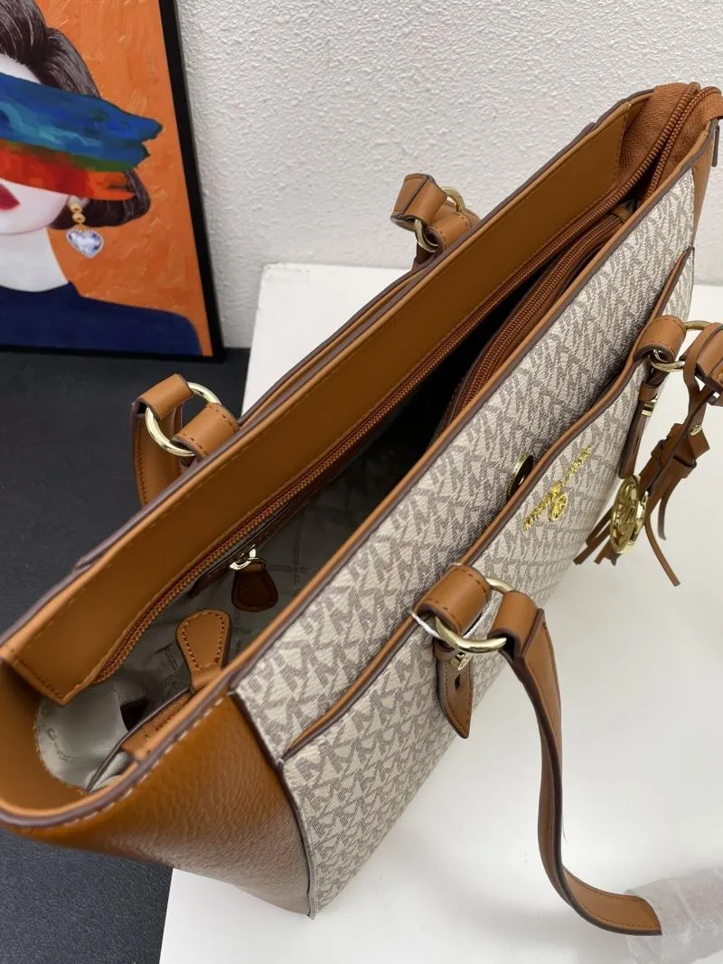 Michael Kors Beige Brown Monogram Shoulder Tote Bag H02060 32CM - Image 7