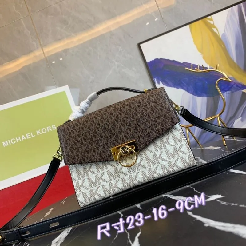 Michael Kors Brown White Monogram Top Handle Crossbody Handbag 23-16-9cm