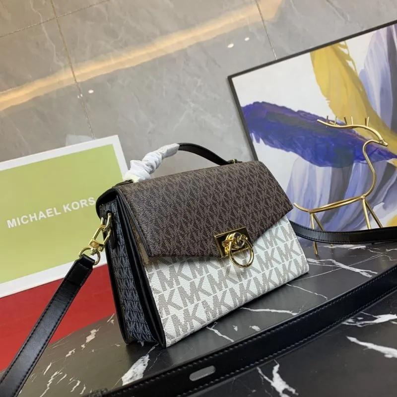 Alternative view of Michael Kors Brown White Monogram Top Handle Crossbody Handbag 23-16-9cm