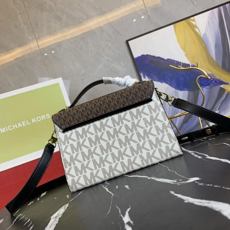 Michael Kors Brown White Monogram Top Handle Crossbody Handbag 23-16-9cm - Image 3