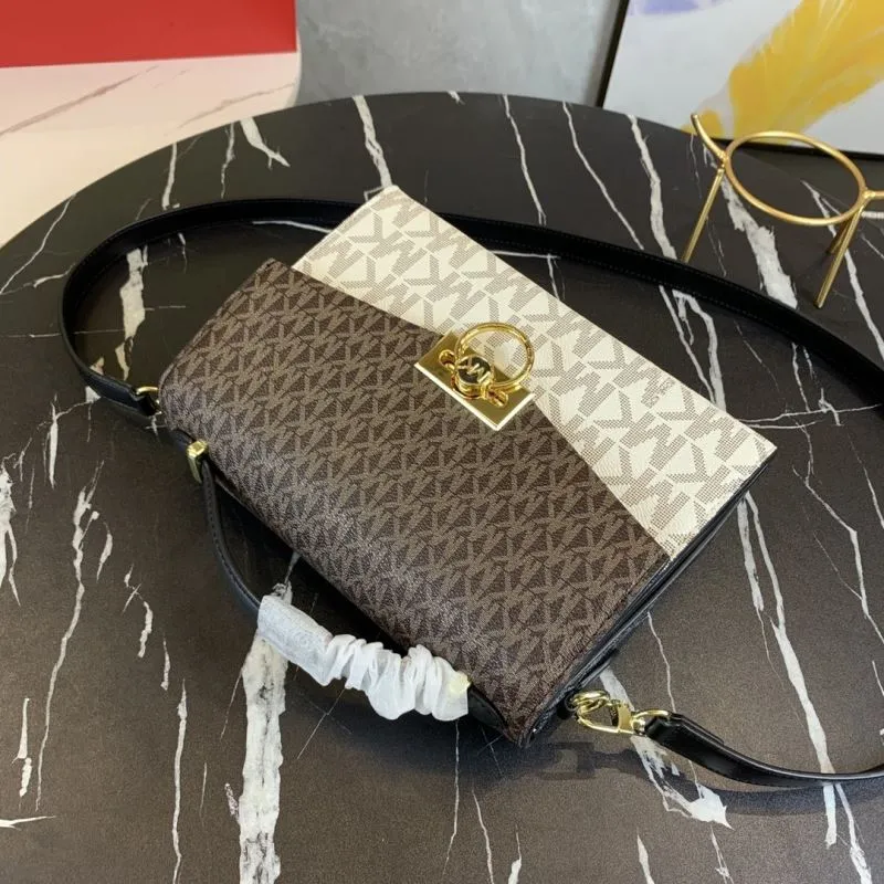 Michael Kors Brown White Monogram Top Handle Crossbody Handbag 23-16-9cm - Image 4