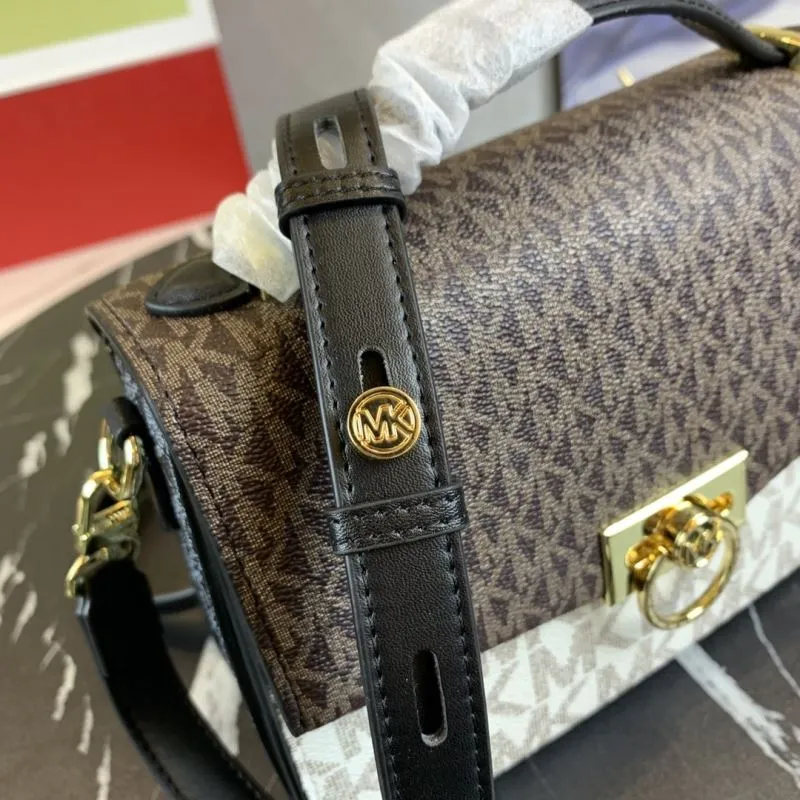 Michael Kors Brown White Monogram Top Handle Crossbody Handbag 23-16-9cm - Image 6