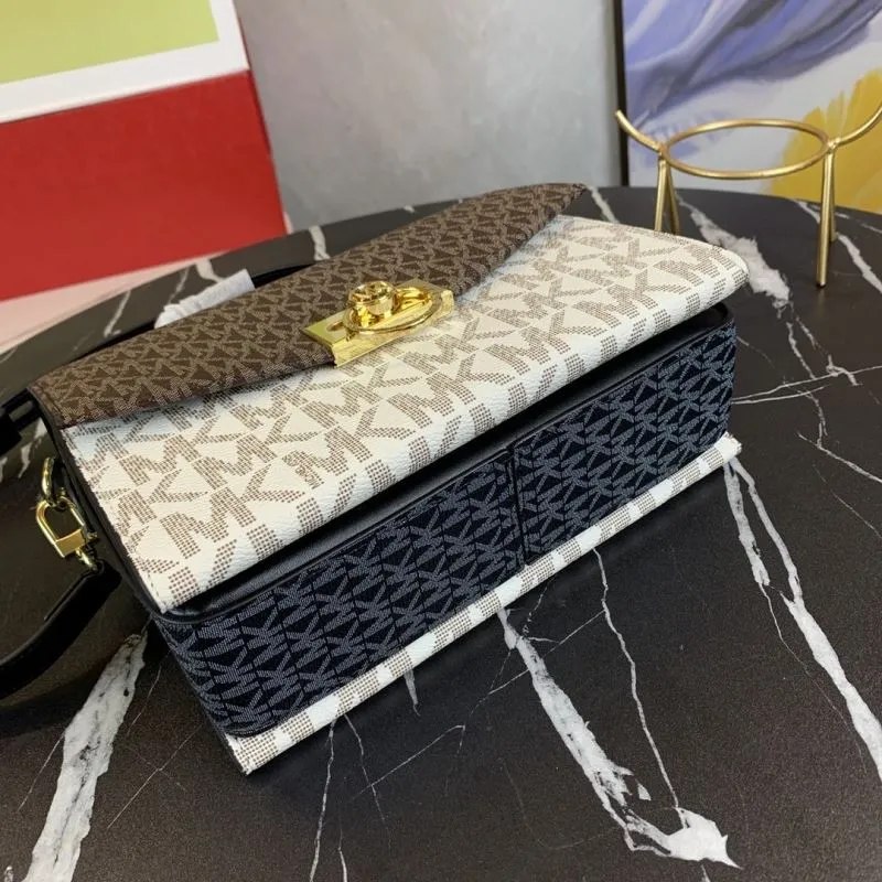 Michael Kors Brown White Monogram Top Handle Crossbody Handbag 23-16-9cm - Image 7
