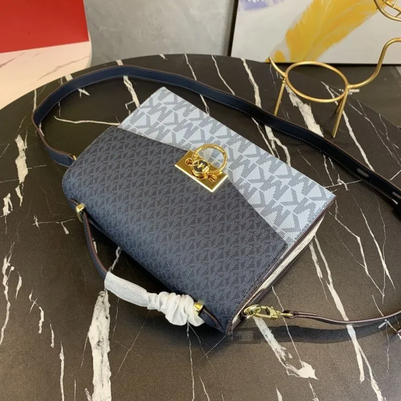 Michael Kors Monogram Crossbody Handbag Navy Light Blue Size 23-16-9 - Image 4