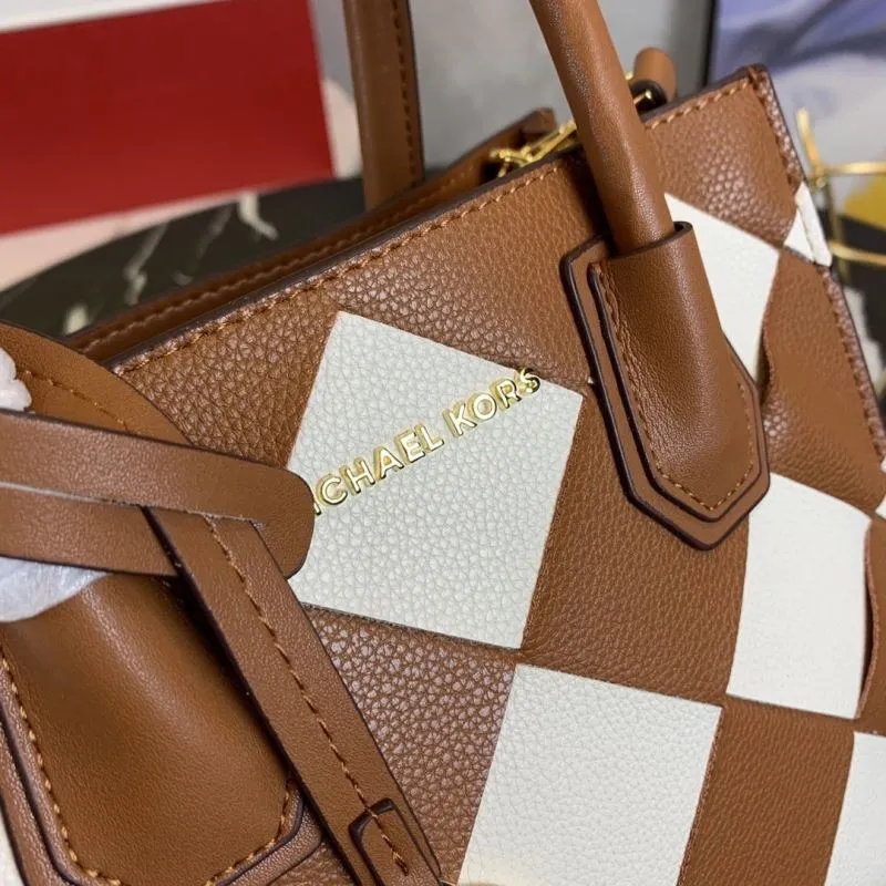 Michael Kors Brown White Checkered Tote Bag - Image 4