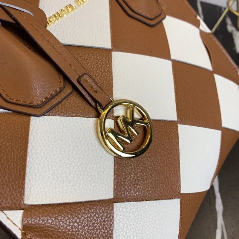 Michael Kors Brown White Checkered Tote Bag - Image 5