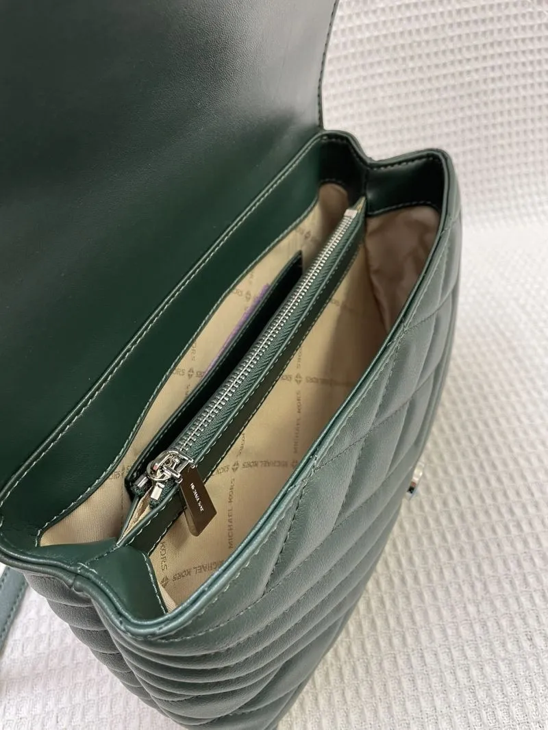 MK Dark Green Quilted Leather Satchel Bag H021052 23cm - Image 8