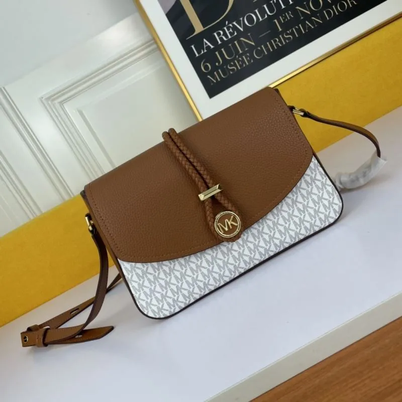 Michael Kors MK Brown White Monogram Satchel Crossbody Bag 135