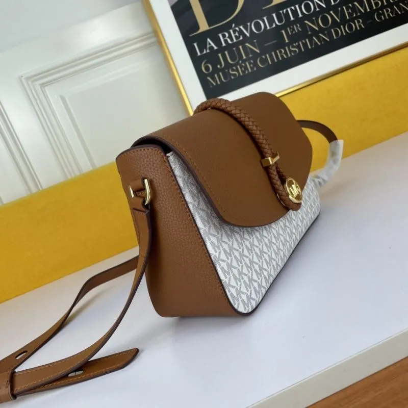 Michael Kors MK Brown White Monogram Satchel Crossbody Bag 135 - Image 3