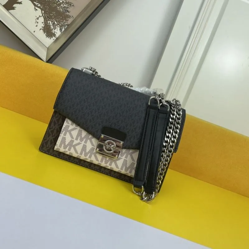 MK Black Beige Monogram Satchel Crossbody Bag - Image 4
