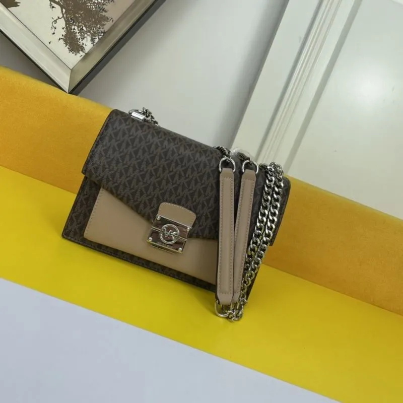 Michael Kors Monogram Crossbody Satchel Bag Brown Beige 141 - Image 4