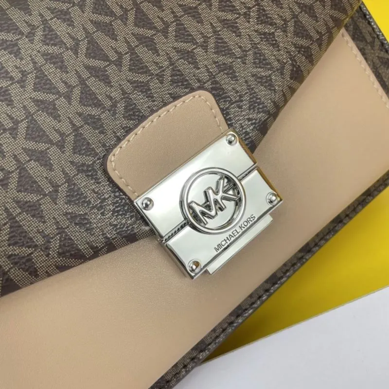 Michael Kors Monogram Crossbody Satchel Bag Brown Beige 141 - Image 6