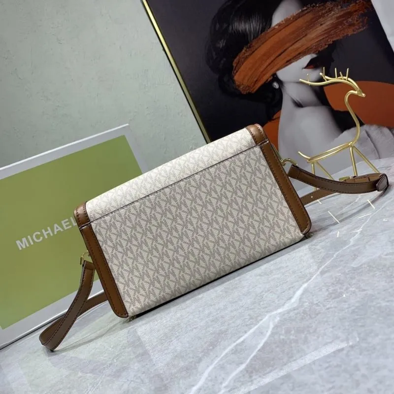 Michael Kors Beige Brown Monogram Crossbody Satchel Bag - Image 3