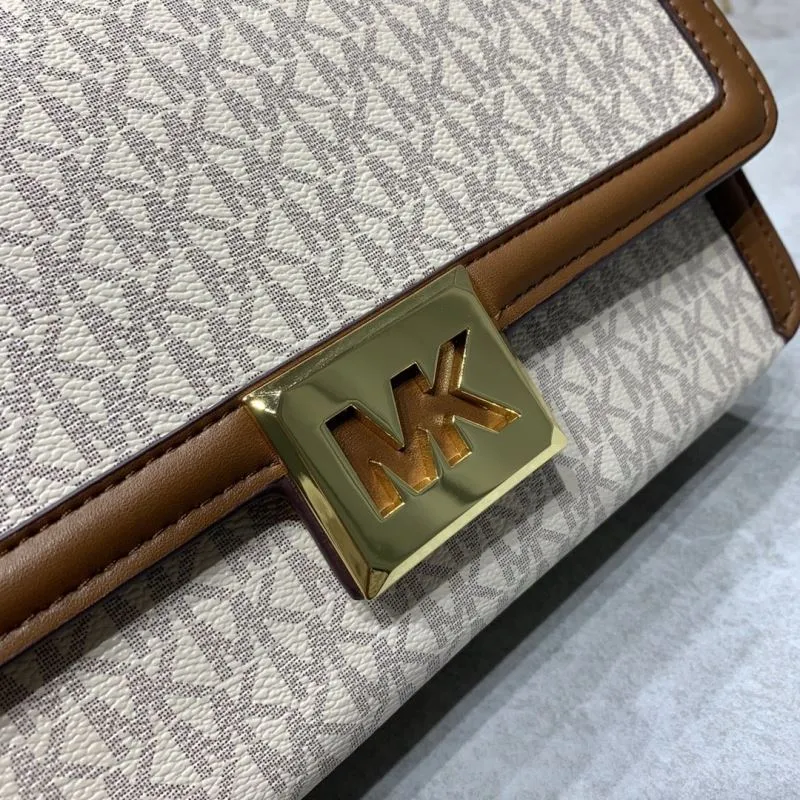 Michael Kors Beige Brown Monogram Crossbody Satchel Bag - Image 4