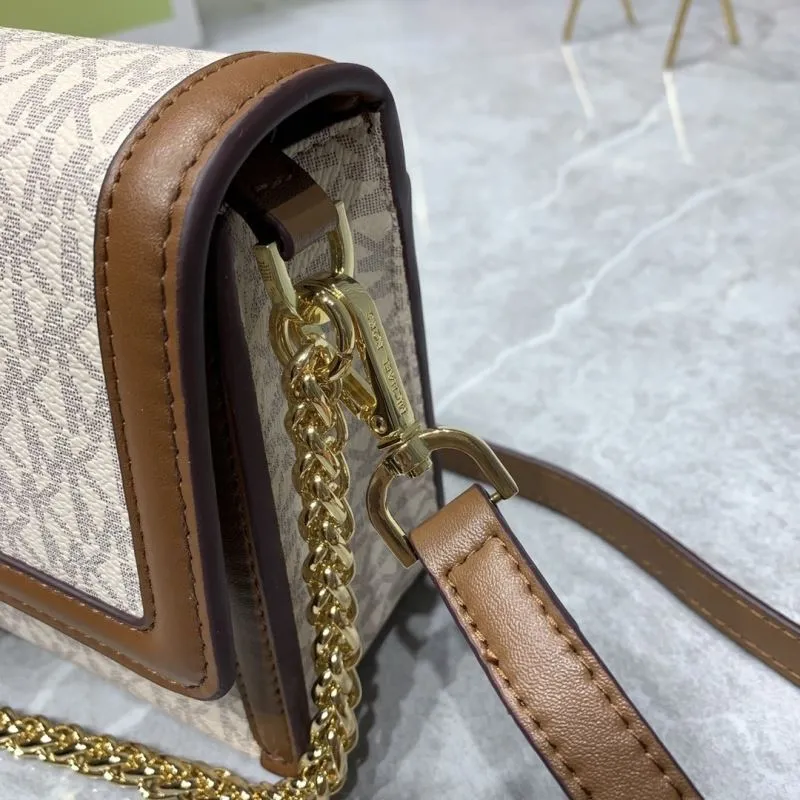 Michael Kors Beige Brown Monogram Crossbody Satchel Bag - Image 5