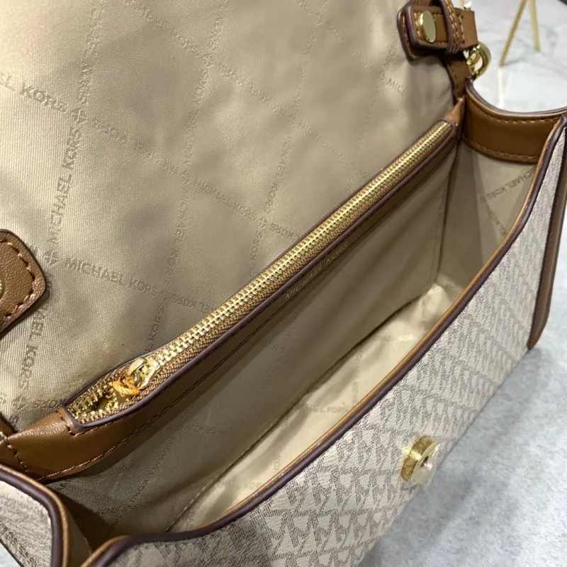 Michael Kors Beige Brown Monogram Crossbody Satchel Bag - Image 7