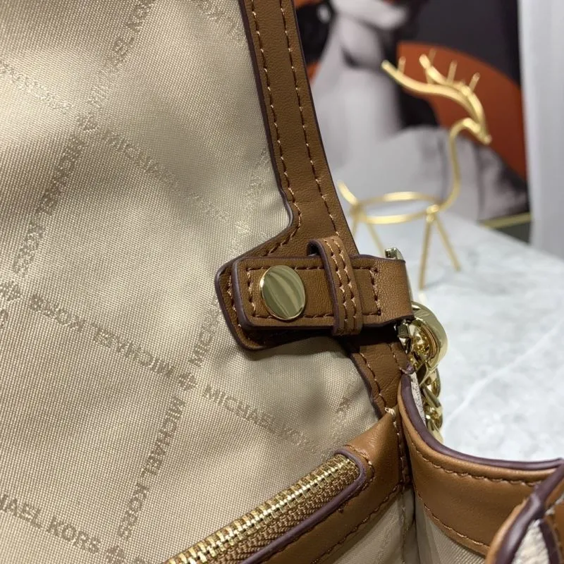Michael Kors Beige Brown Monogram Crossbody Satchel Bag - Image 9