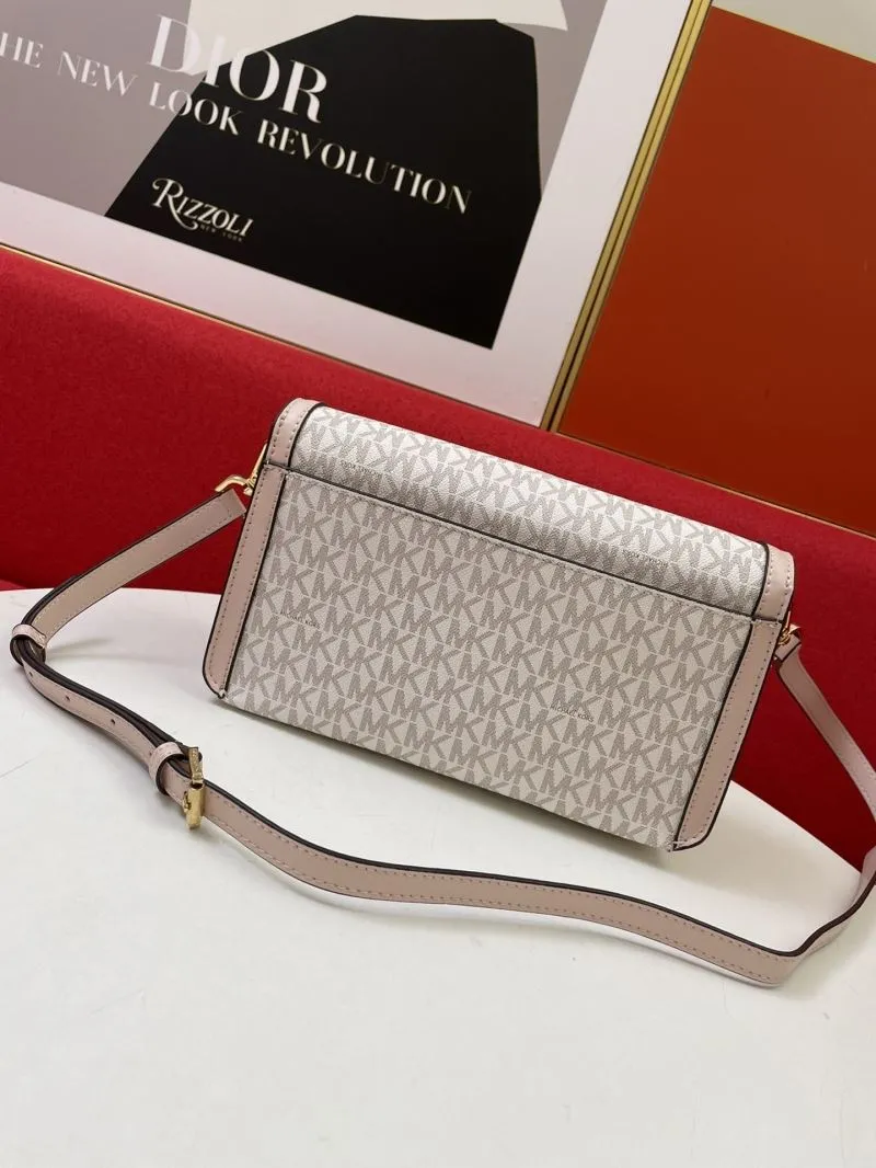 Michael Kors MK Monogram Crossbody Satchel Bag Light Pink White 166 - Image 3