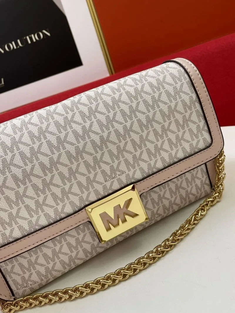 Michael Kors MK Monogram Crossbody Satchel Bag Light Pink White 166 - Image 4