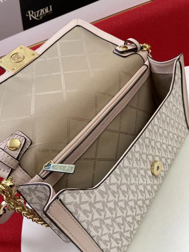 Michael Kors MK Monogram Crossbody Satchel Bag Light Pink White 166 - Image 8