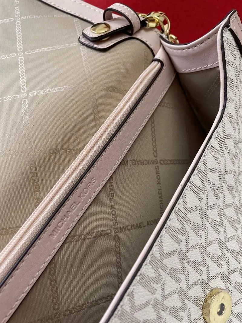 Michael Kors MK Monogram Crossbody Satchel Bag Light Pink White 166 - Image 9