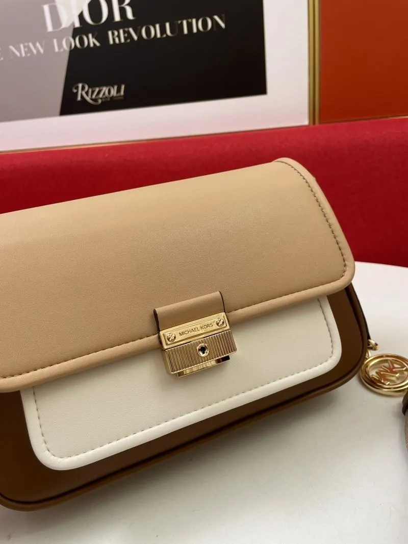 MK H2033 Beige White Brown Leather Crossbody Bag - Image 4