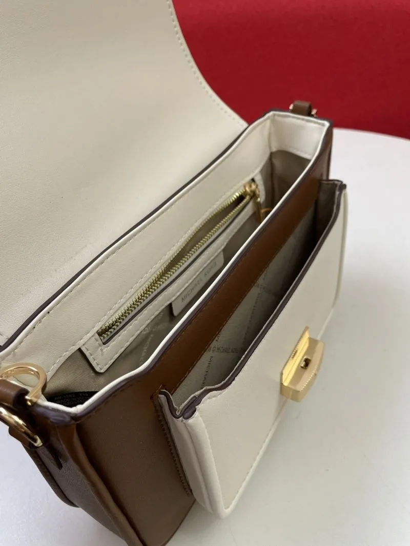 MK H2033 Beige White Brown Leather Crossbody Bag - Image 8