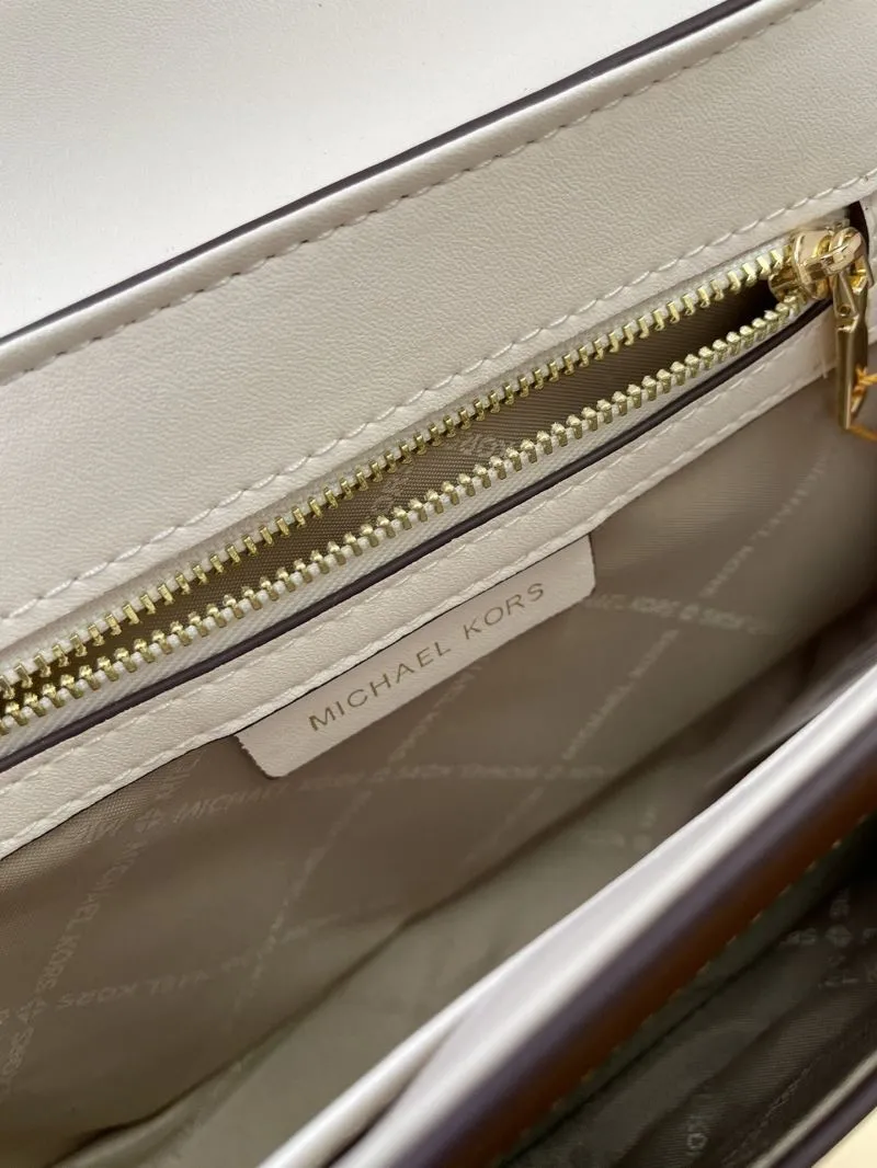 MK H2033 Beige White Brown Leather Crossbody Bag - Image 9