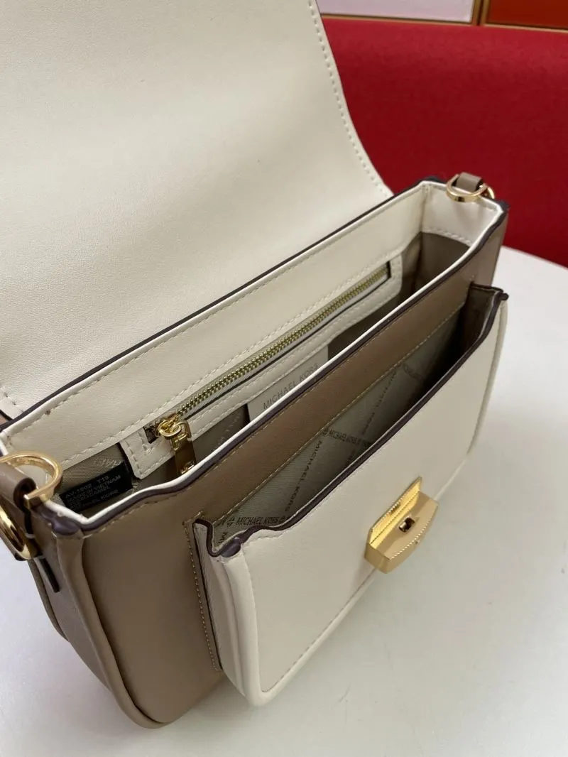 MK H2033 Beige White Leather Crossbody Satchel Bag - Image 8