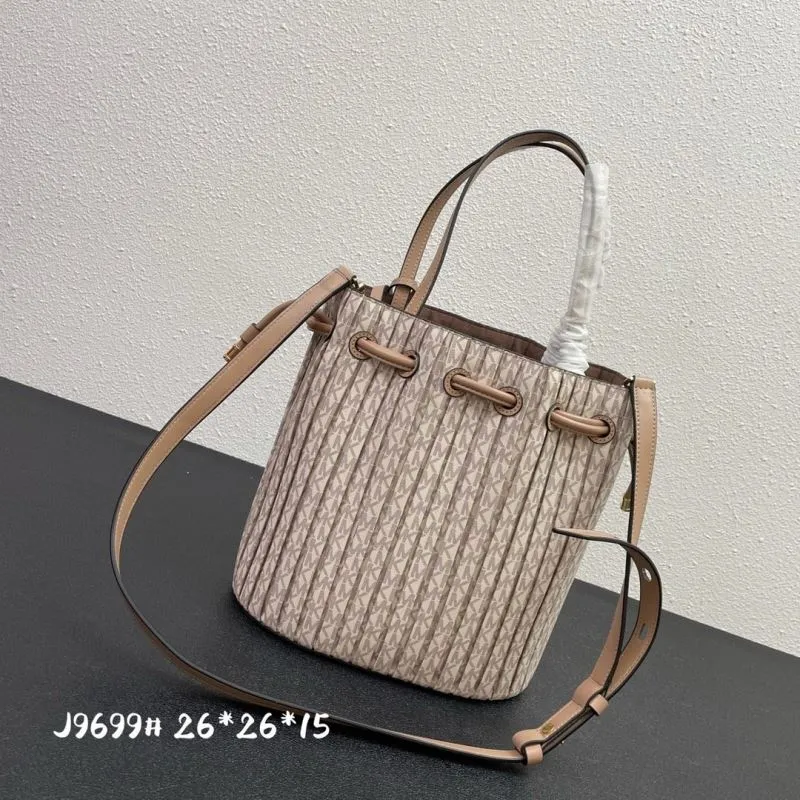 MK Pleated Monogram Beige Bucket Bag J9699 with Pouch - Image 3