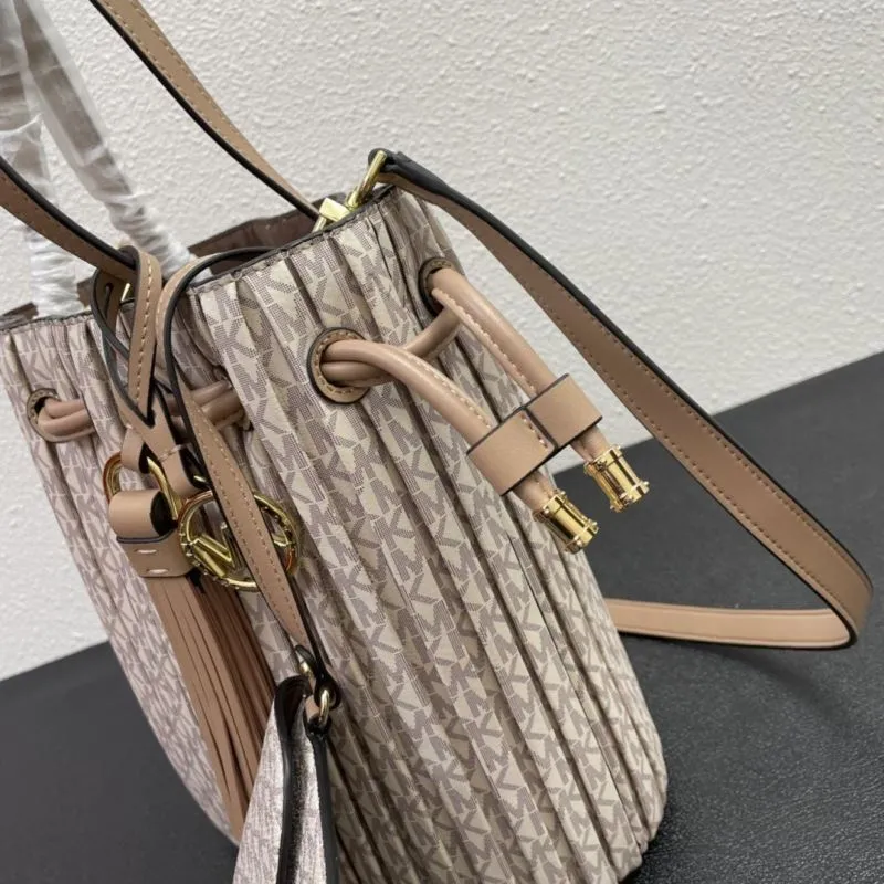 MK Pleated Monogram Beige Bucket Bag J9699 with Pouch - Image 5