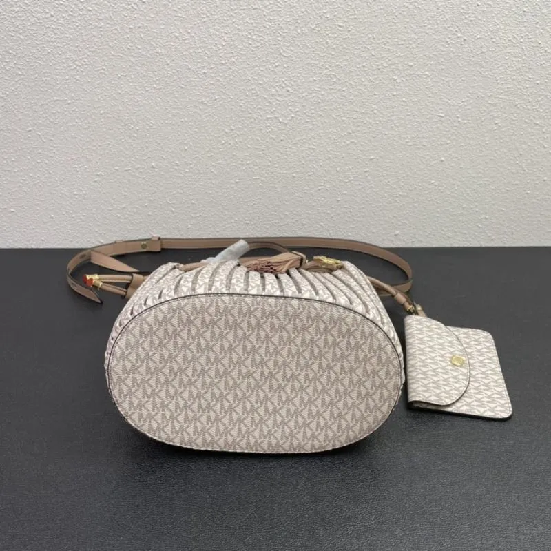MK Pleated Monogram Beige Bucket Bag J9699 with Pouch - Image 7