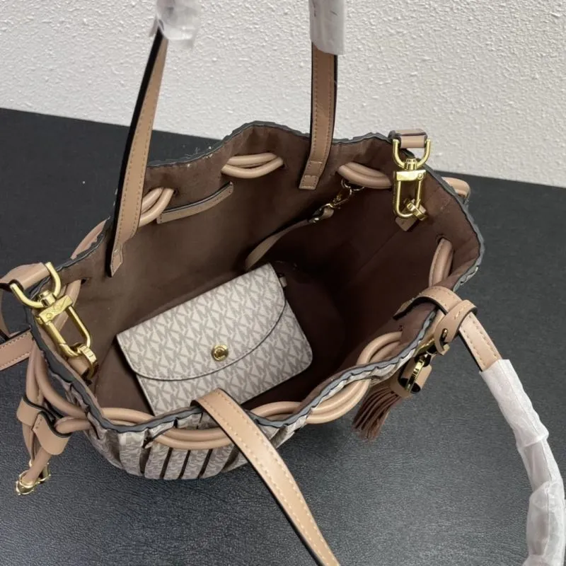 MK Pleated Monogram Beige Bucket Bag J9699 with Pouch - Image 8