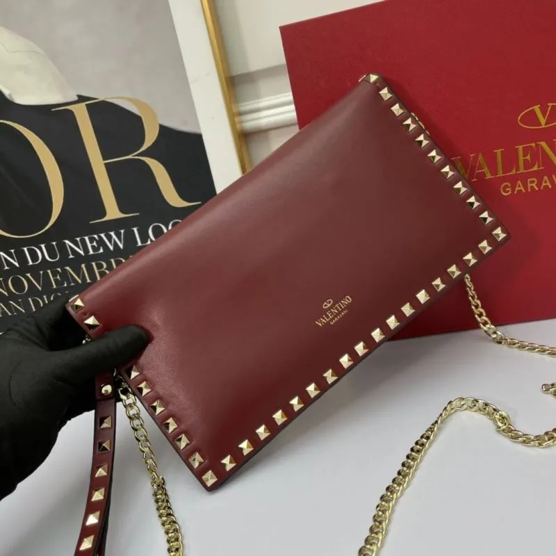 Valentino Burgundy Rockstud Clutch Bag