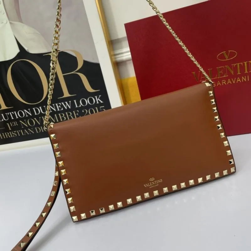 Valentino Brown Studded Chain Clutch Bag
