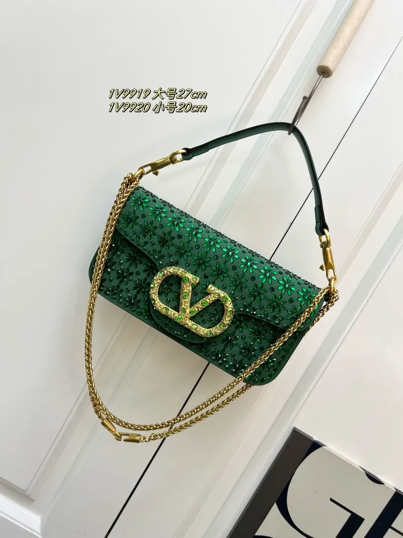 Valentino 1V9919 Green Crystal Flower Chain Shoulder Bag