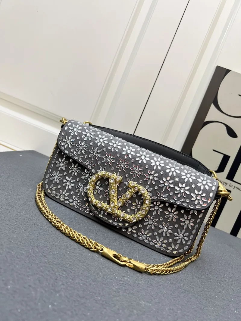 Valentino Large 27cm Gray Crystal Flower Shoulder Bag - Image 3