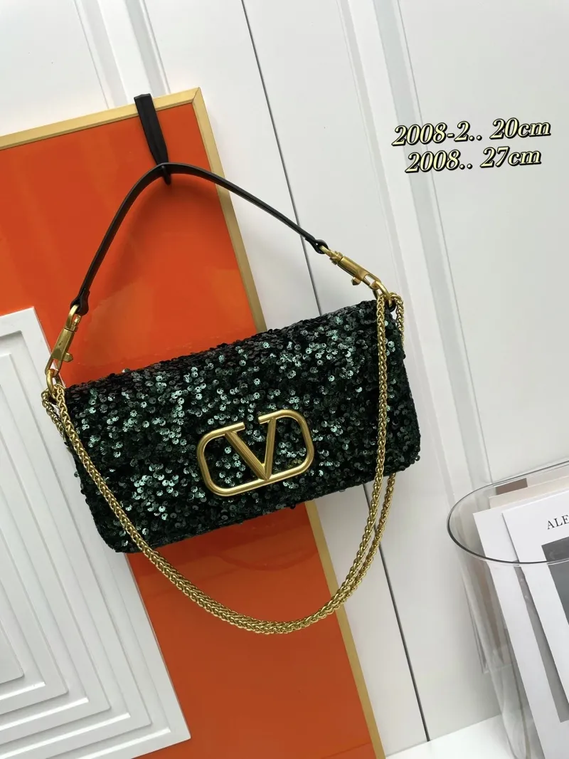 Valentino Dark Green Sequined Chain Shoulder Bag 20cm 27cm