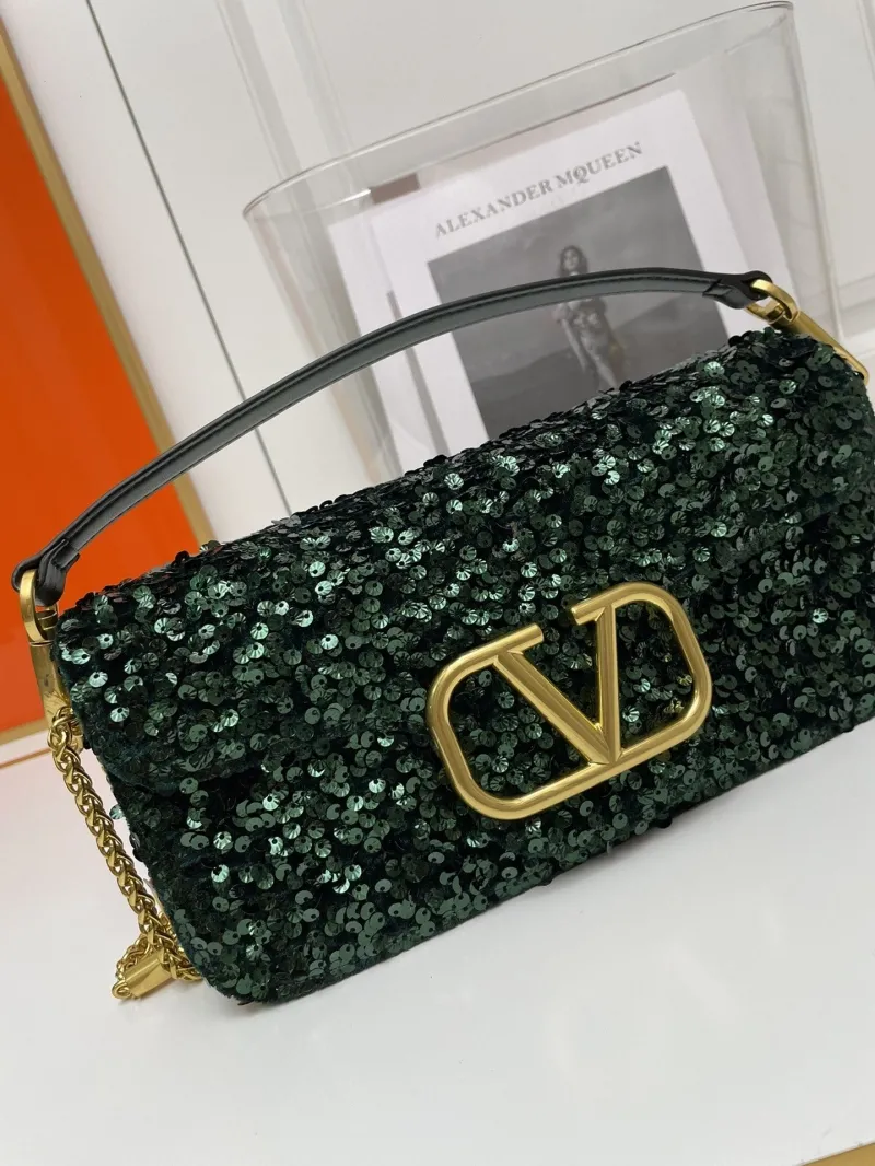 Valentino Dark Green Sequined Chain Shoulder Bag 20cm 27cm - Image 6