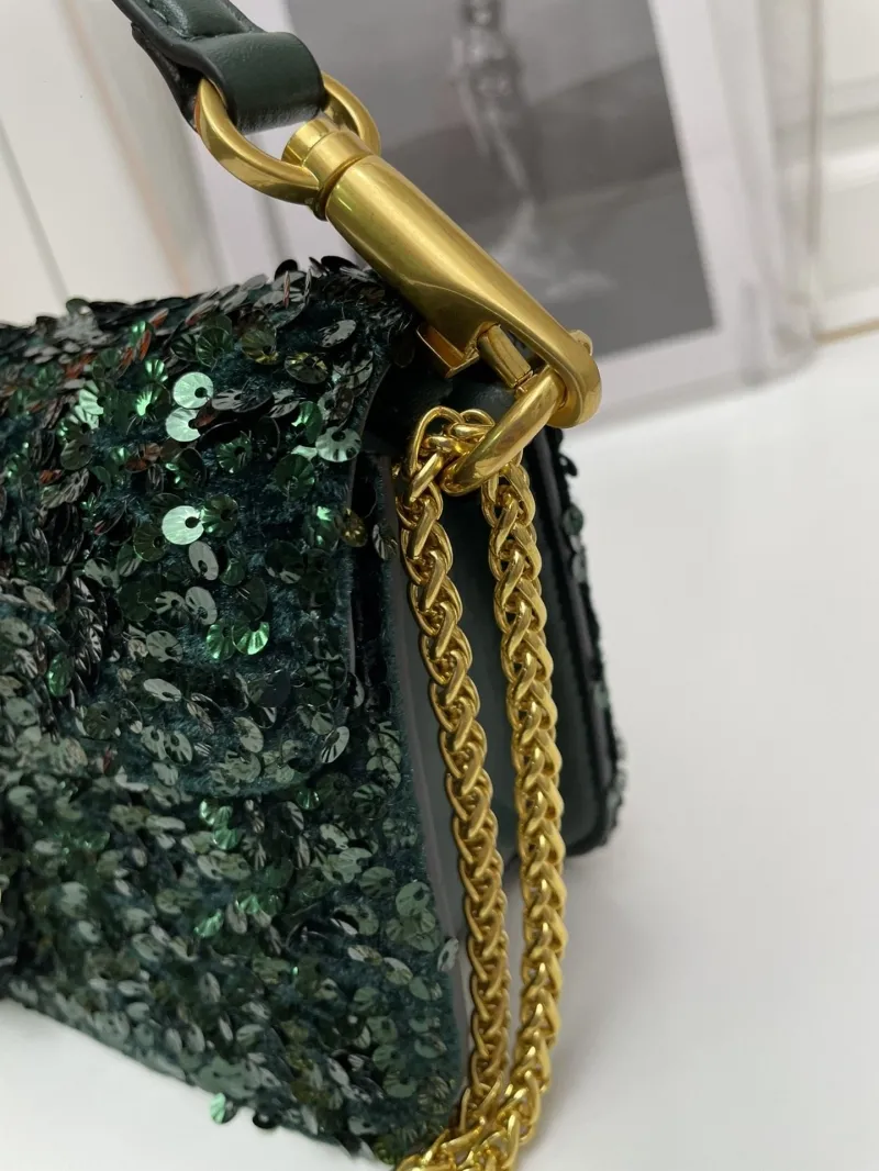 Valentino Dark Green Sequined Chain Shoulder Bag 20cm 27cm - Image 7