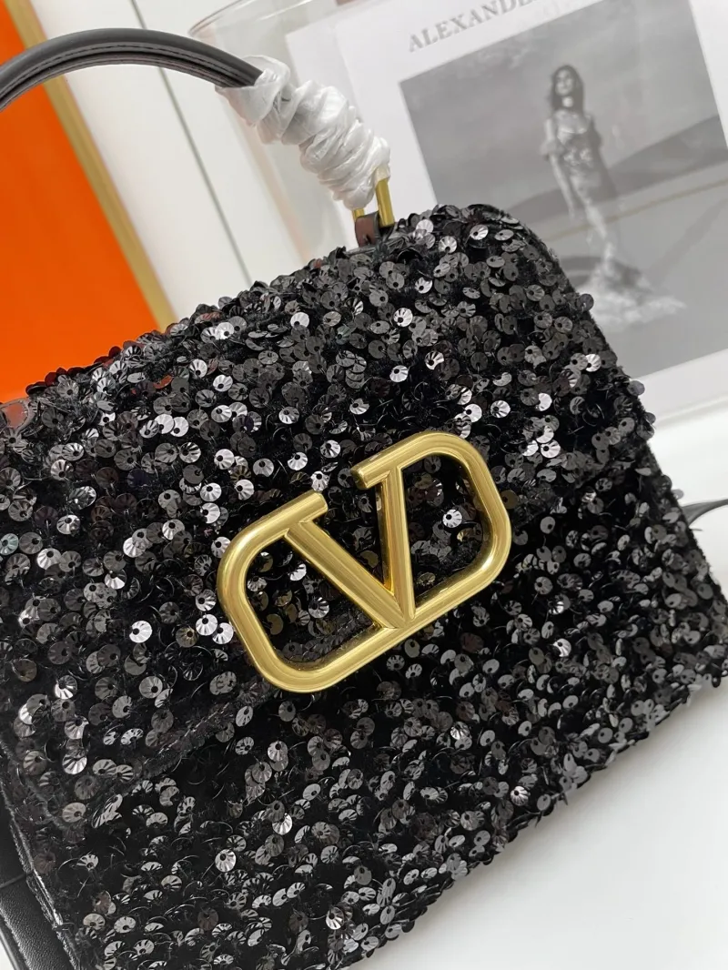 Valentino Black Sequin Top Handle Handbag 9866 - Image 6