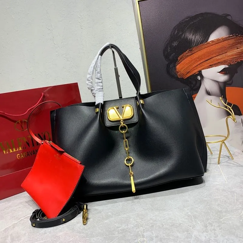 Valentino 683 Black Leather Tote Bag with Small Pouch
