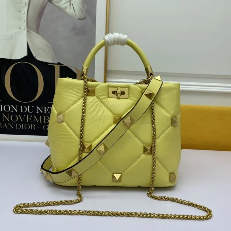 Valentino Yellow Studded Quilted Leather Handbag 686