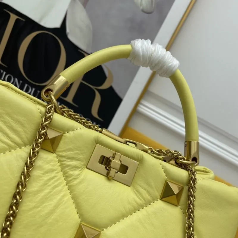 Valentino Yellow Studded Quilted Leather Handbag 686 - Image 4