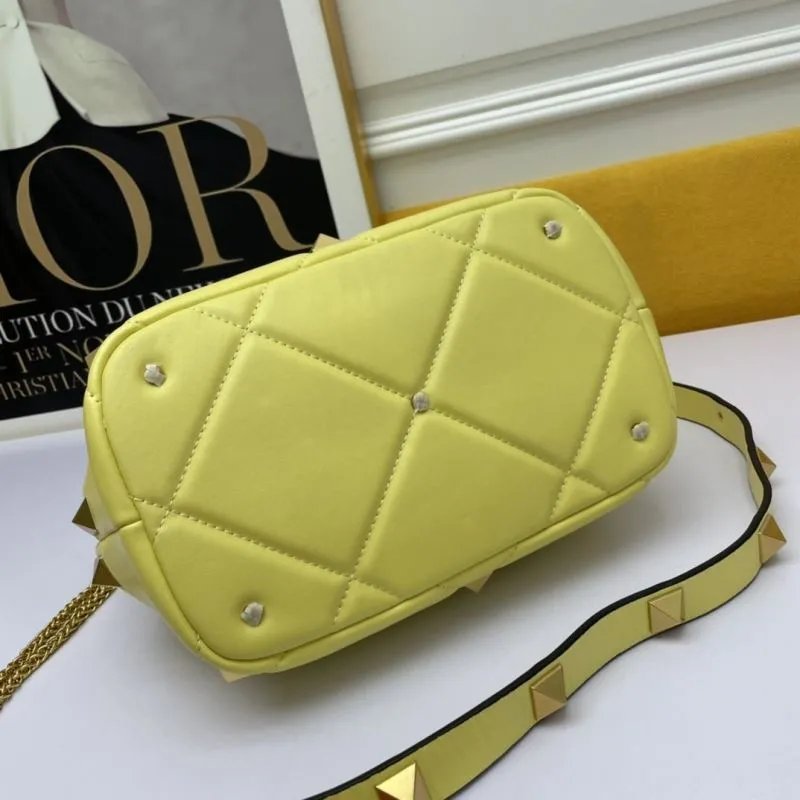 Valentino Yellow Studded Quilted Leather Handbag 686 - Image 5