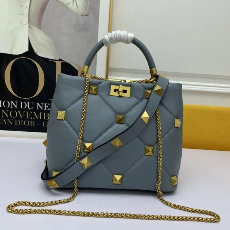 Valentino Gray Studded Leather Handbag 688